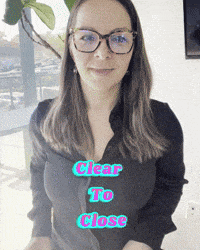 a woman wearing glasses and a black shirt has clear to close written on her shirt