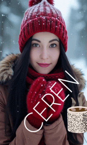 a woman wearing red mittens and a red hat is holding a cup of ceren