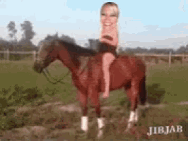 a picture of a woman riding a horse with jib jab written on the bottom