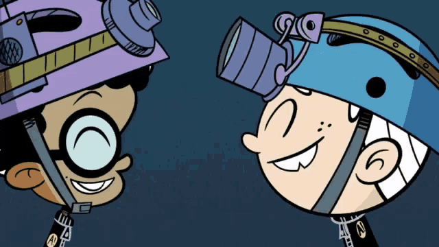 two cartoon characters one wearing a helmet and the other wearing a goggles