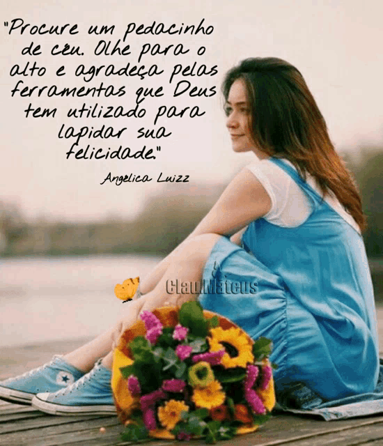 a woman sits on a dock with a bouquet of flowers