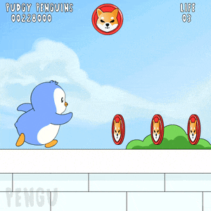 a penguin is jumping in the air in a video game called puddy penguins