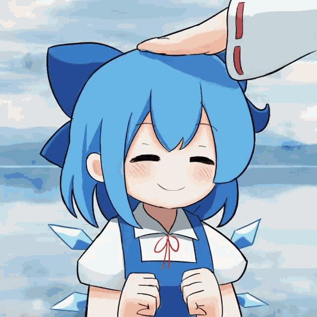 a cartoon character with blue hair is smiling and being patted on the head by someone