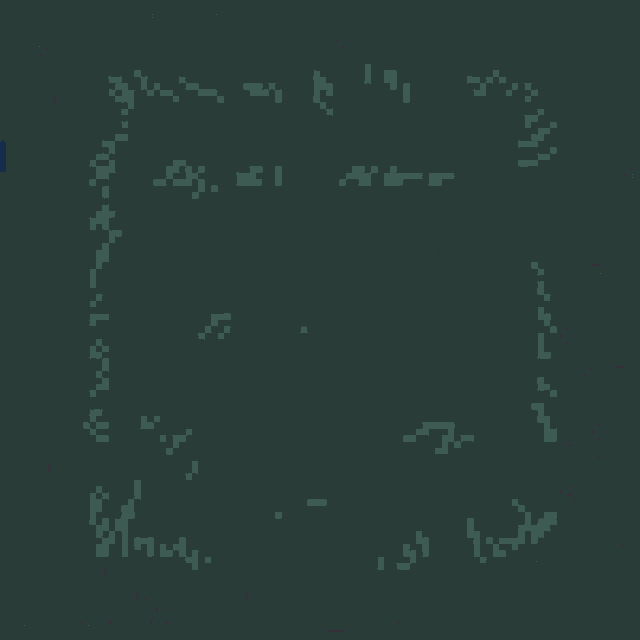a pixel art of the word decay with a red balloon above it