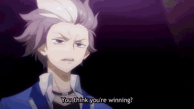 a purple haired anime character is asking if he is winning