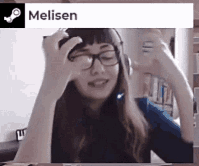 a woman wearing glasses and headphones has her hands on her head in front of a steam logo and the name melisen
