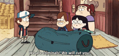 a group of cartoon characters standing around a large bag that says " we are criminals we will cut you "