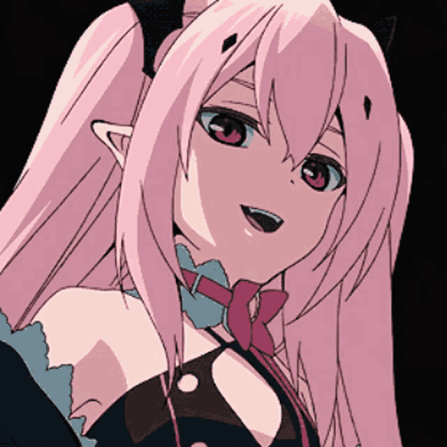a close up of a pink haired anime girl