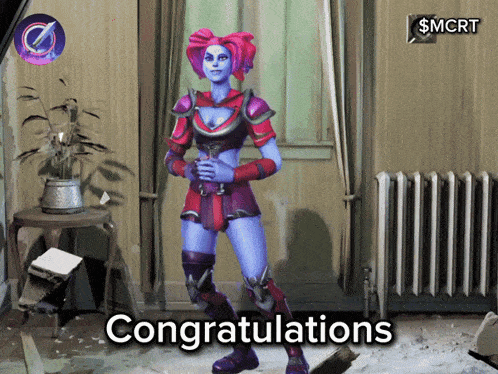 a video game character says congratulations in a room with a radiator