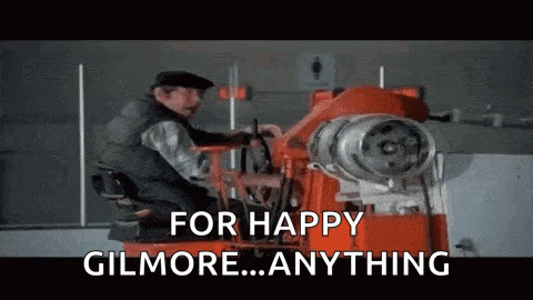a man is driving a tractor with the words `` for happy gilmore ... anything '' written on the screen .