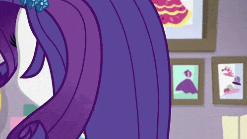 a cartoon pony with purple hair is standing in front of a wall with pictures on it