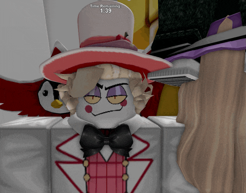 a cartoon character with a hat that says time remaining 1:39 on it