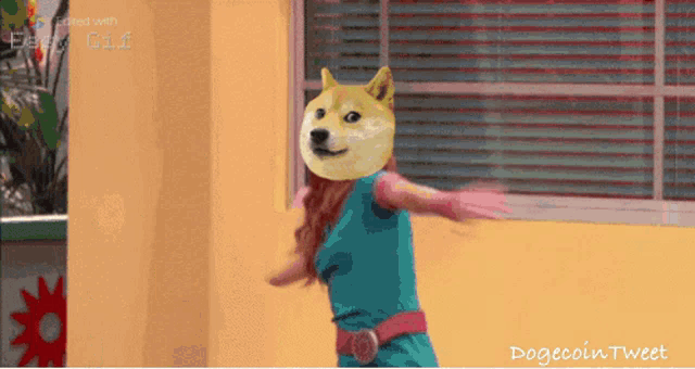 a picture of a girl with a doge head on her head