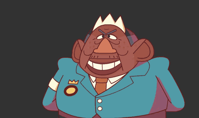 a cartoon drawing of a man in a suit and tie with a crown on his head
