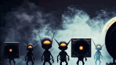 a group of cartoon aliens standing next to each other in a dark room