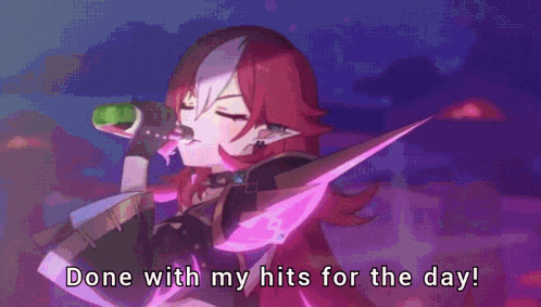 a girl with red hair is holding a sword and says done with my hits for the day !