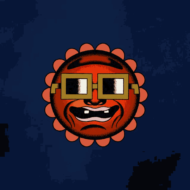 a cartoon drawing of a sun with square glasses on