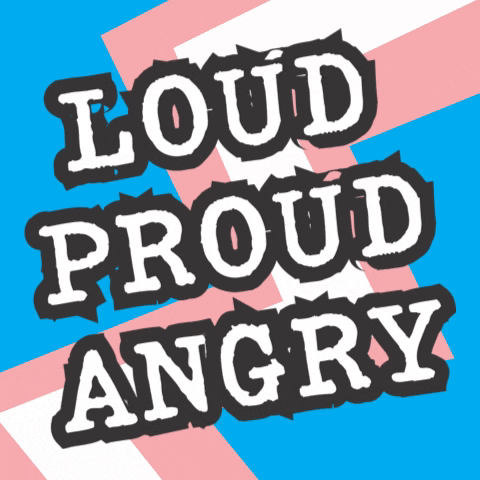 a sign that says loud proud angry on a blue and pink background