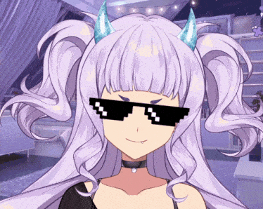 a girl with purple hair is wearing sunglasses and horns