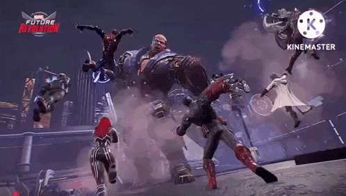 a group of people are fighting a giant robot in a video game called marvel future revolution .