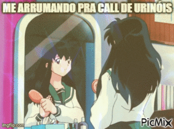 a girl brushes her hair in front of a mirror with the caption me arrumando pra call de urinoids