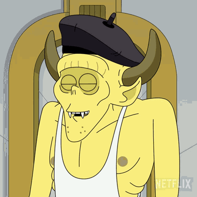 a cartoon character with horns and a beret says netflix on the bottom right