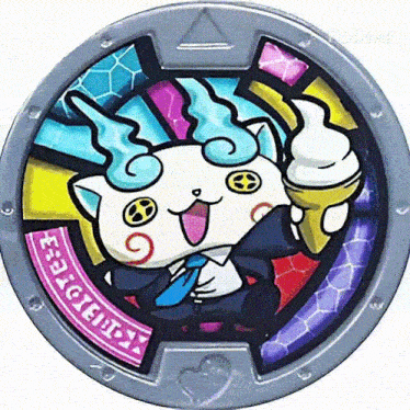 a coin with a cartoon cat holding an ice cream cone and the word ' stained glass ' on it