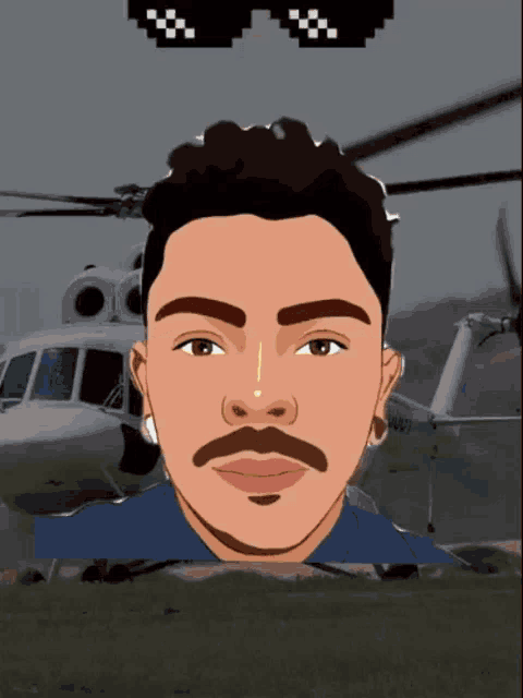 a man with a mustache is standing in front of a helicopter and wearing sunglasses