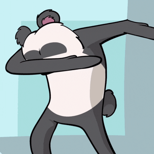 a cartoon panda bear is doing a dab with his arms outstretched