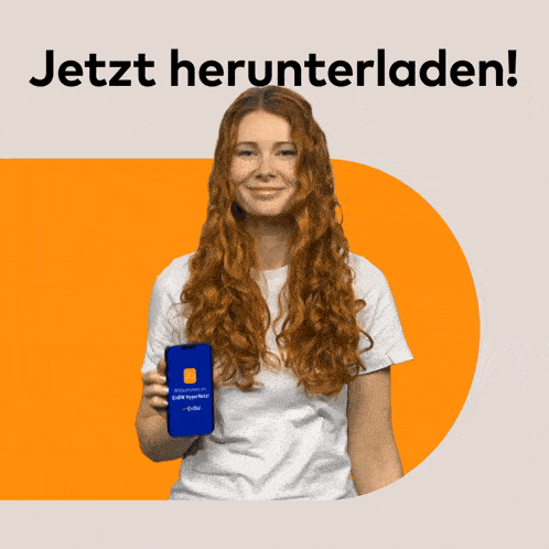 a woman with red hair is holding a cell phone with the words jetzt herunterladen below her
