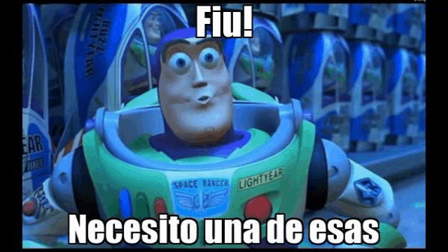 buzz lightyear from toy story is standing in front of a shelf full of cans of beer .