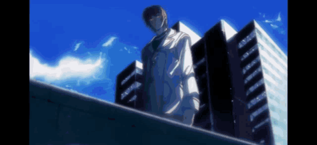 a man in a white coat is standing in front of a tall building