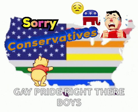 a cartoon of winnie the pooh standing in front of an american flag with the words " sorry conservatives "