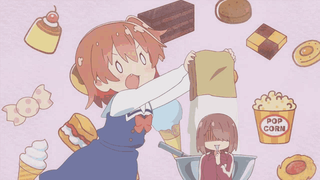 a girl in a blue dress is surrounded by various food items including a box of pop corn