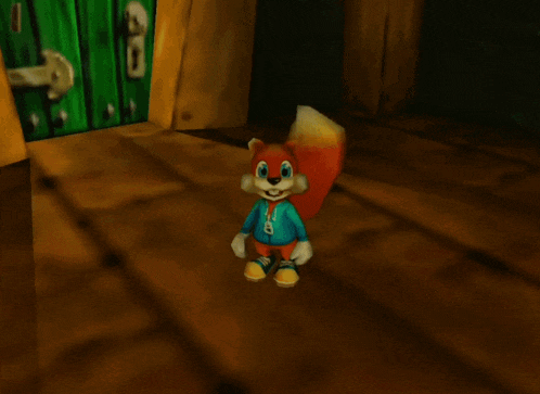 a cartoon squirrel is standing in front of a door with the letter r on it