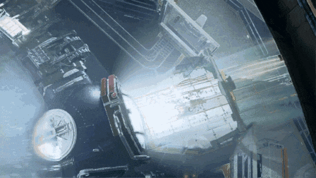 a computer generated image of a space station with a reflection of a building in the window