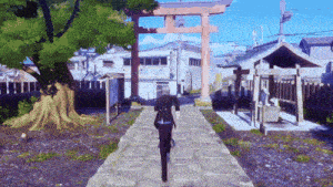 a man in a suit is walking down a path with a torii gate in the background
