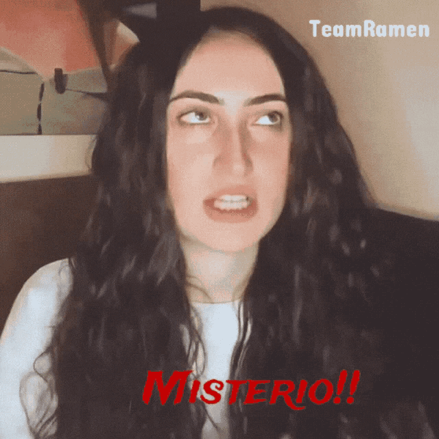 a woman with long dark hair is making a funny face in a team ramen ad