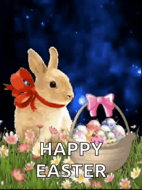 a bunny with a red bow is sitting next to a basket of easter eggs