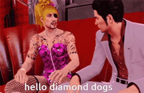 a man in a suit sits next to a woman in a pink dress who says hello diamond dogs .