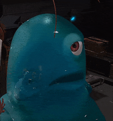 a blue cartoon character with a red eye