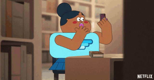 a cartoon of a woman sitting at a desk with a netflix logo on the bottom left