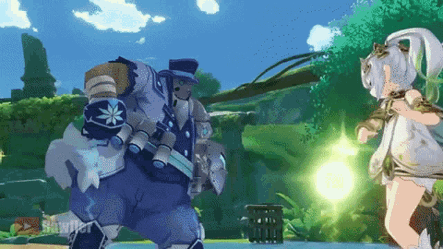 a video game character is standing next to a girl with a green light behind her