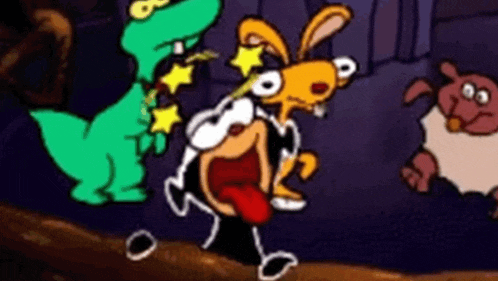 a cartoon of a rabbit and a dinosaur with stars on their heads