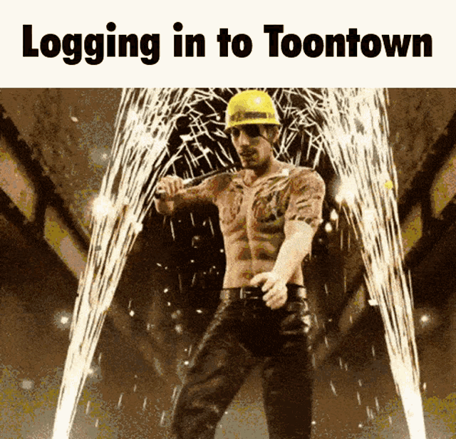 a man in a hard hat is standing in front of sparklers with the words logging in to toontown above him