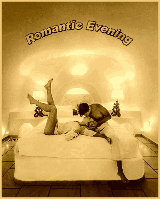 a couple kissing on a bed with the words romantic evening written above them