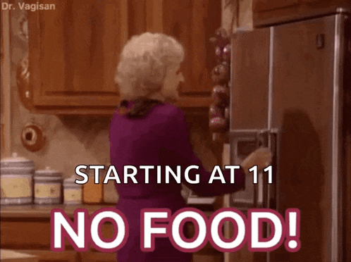 a woman in a purple dress is standing in front of a refrigerator that says no food