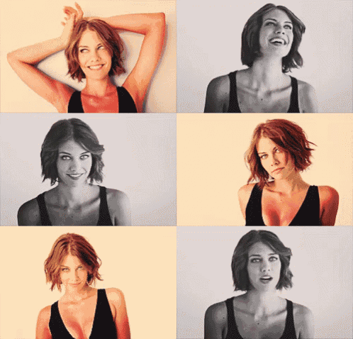 a woman in a black tank top has many different faces