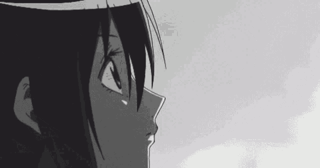 a black and white drawing of a girl 's face looking up .