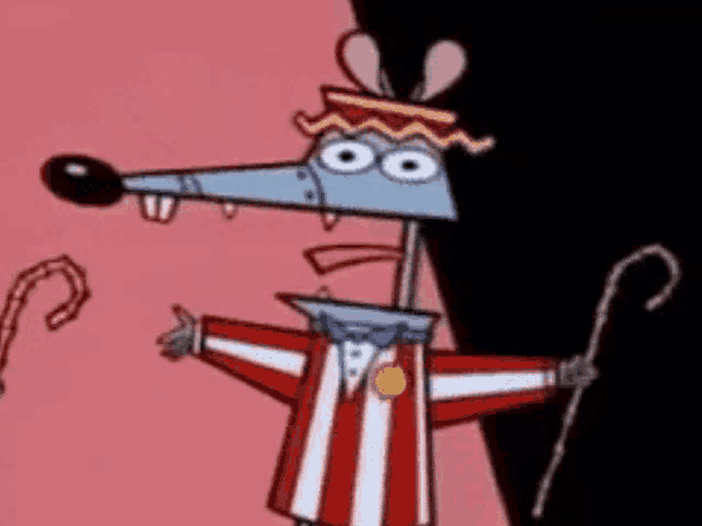 a cartoon rat is wearing a red and white striped shirt